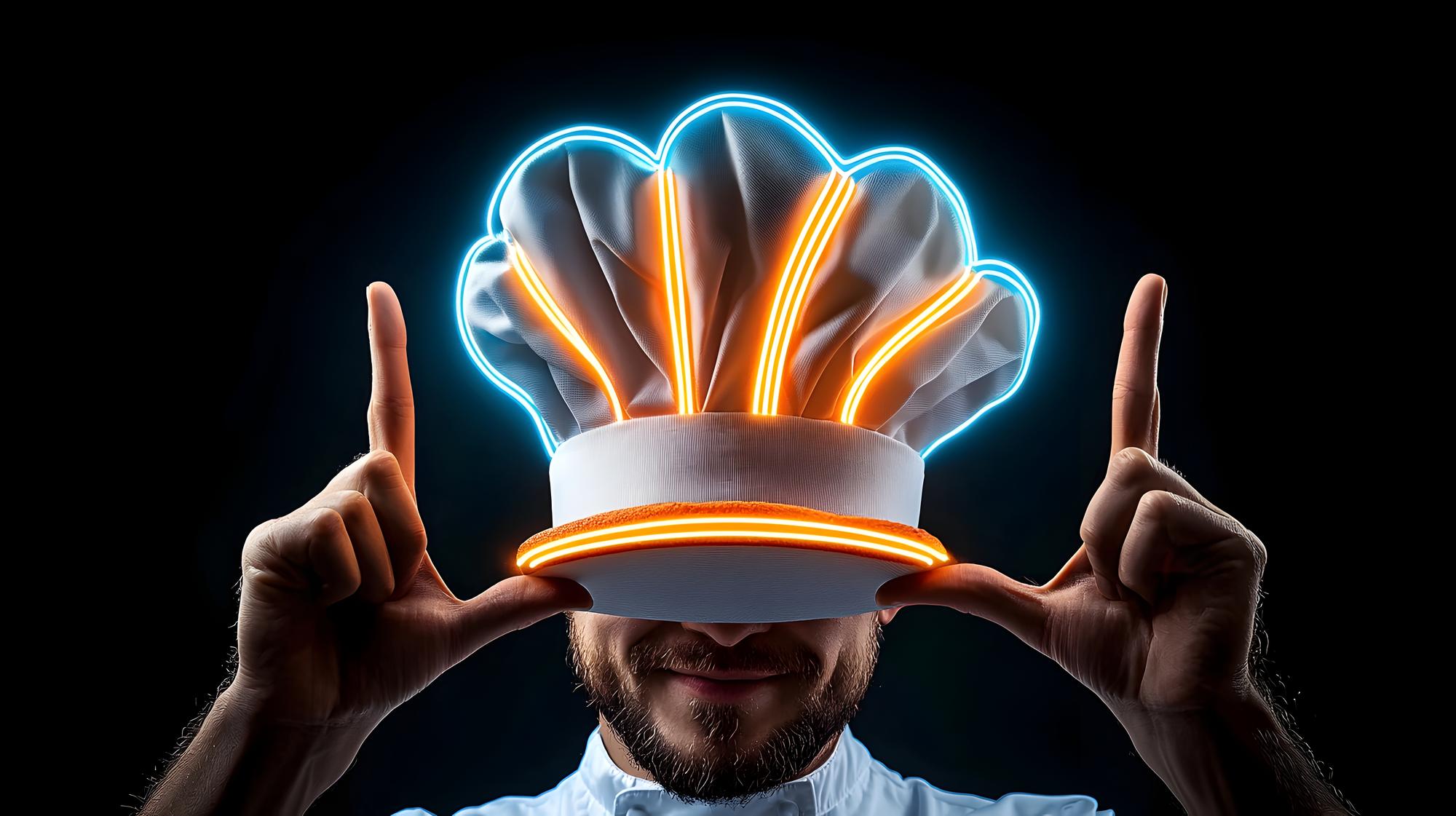Chef digitale che prepara un piatto tecnologico